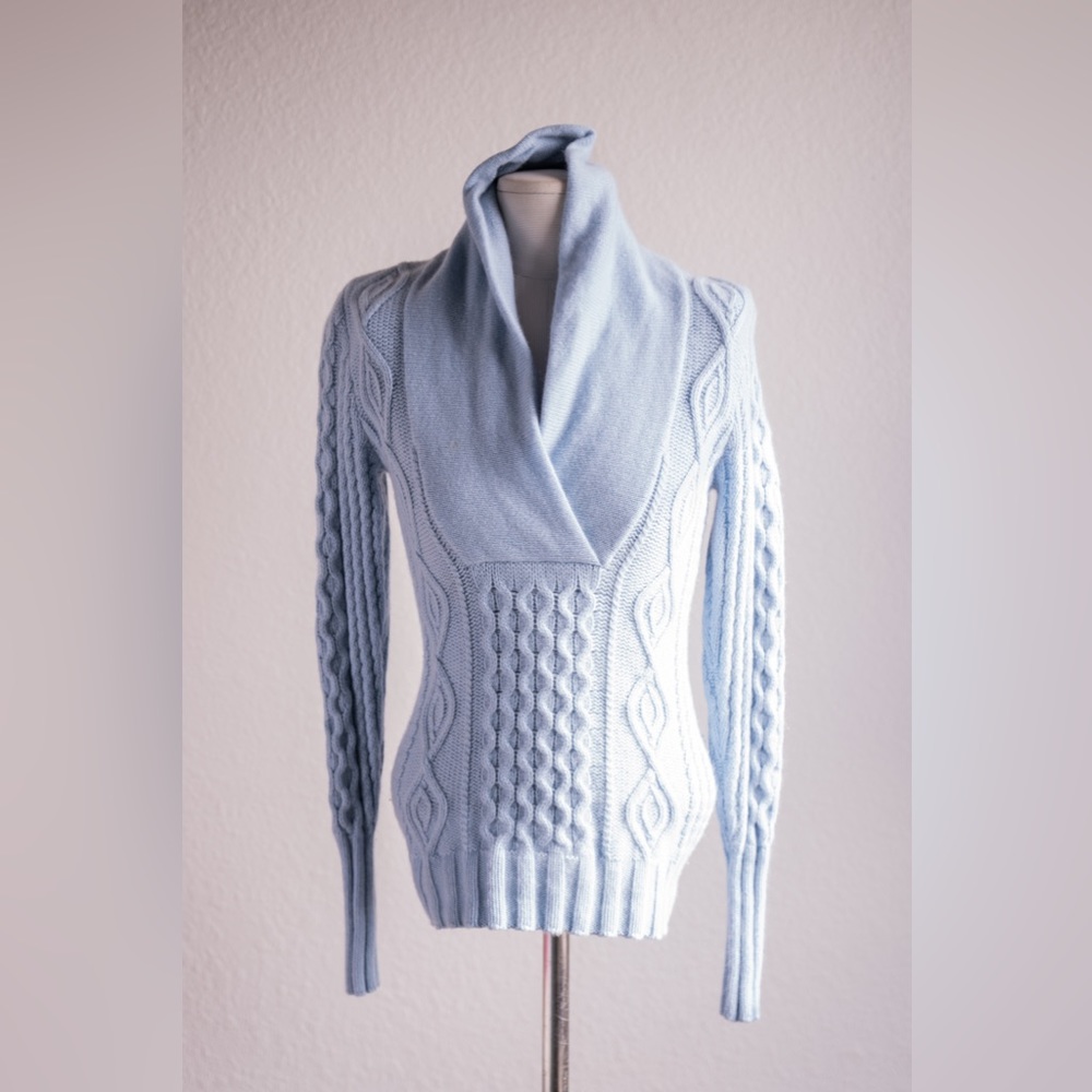 Kinross Cashmere Light Blue Cable Knit Cowl Neck Sweater
